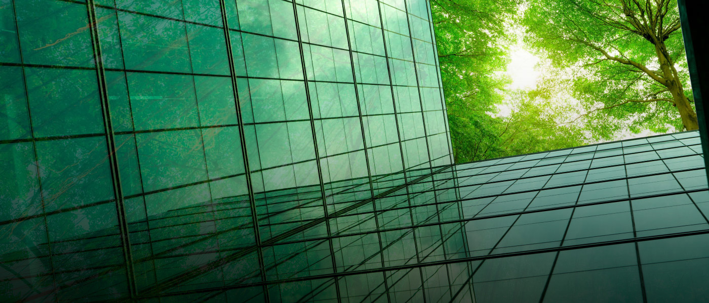 Glass building with trees