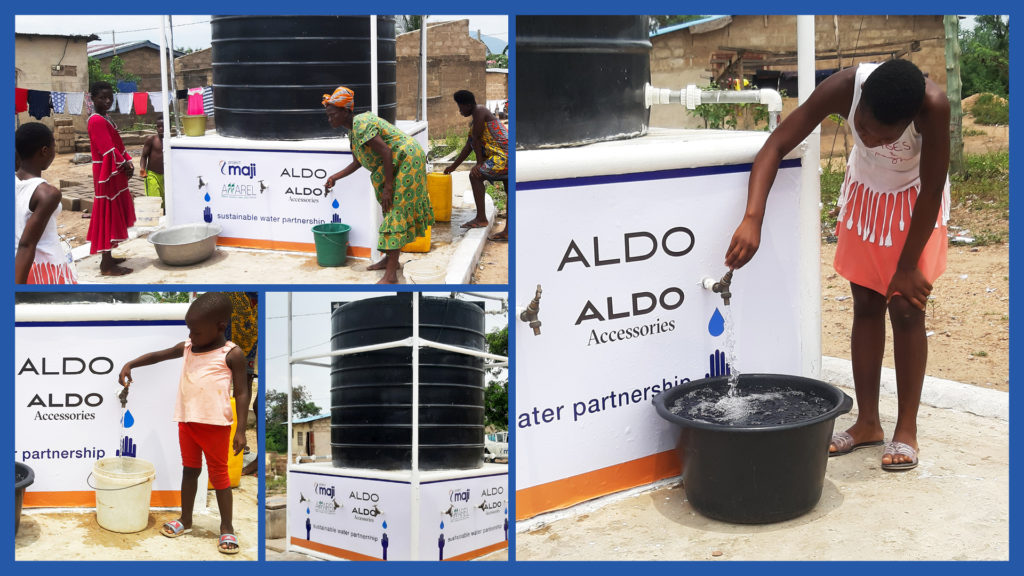 Women and kids filling water outdoors from a tank presented by ALDO