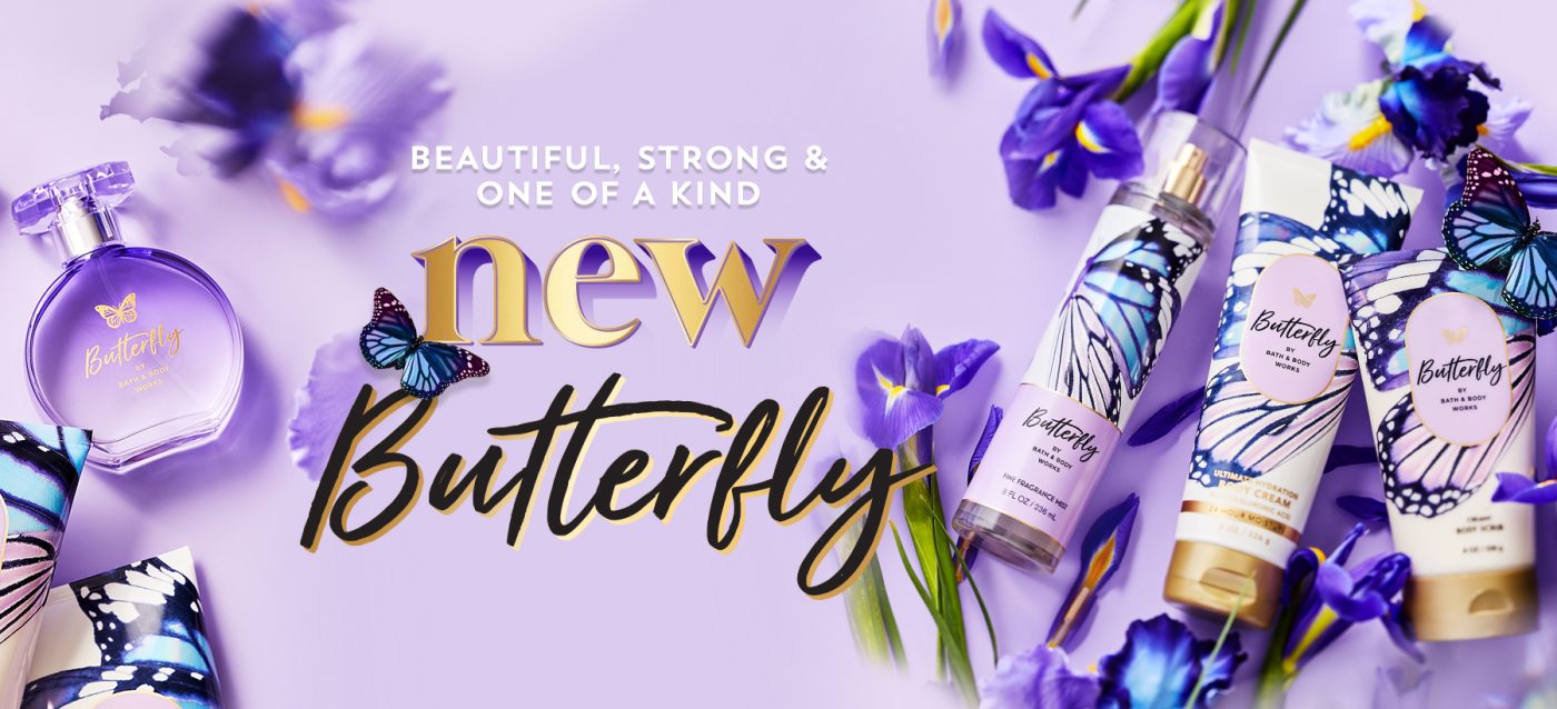 Perfume, butterfly and flowers in purple