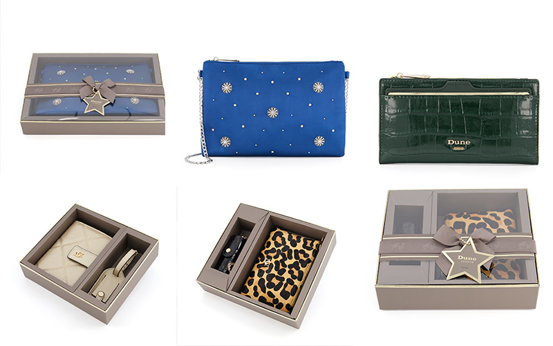 Six purses in gift boxes from Dune London