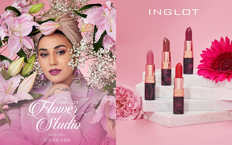 Woman surrounded by flowers modelling Inglot lipsticks and 4 different lipsticks