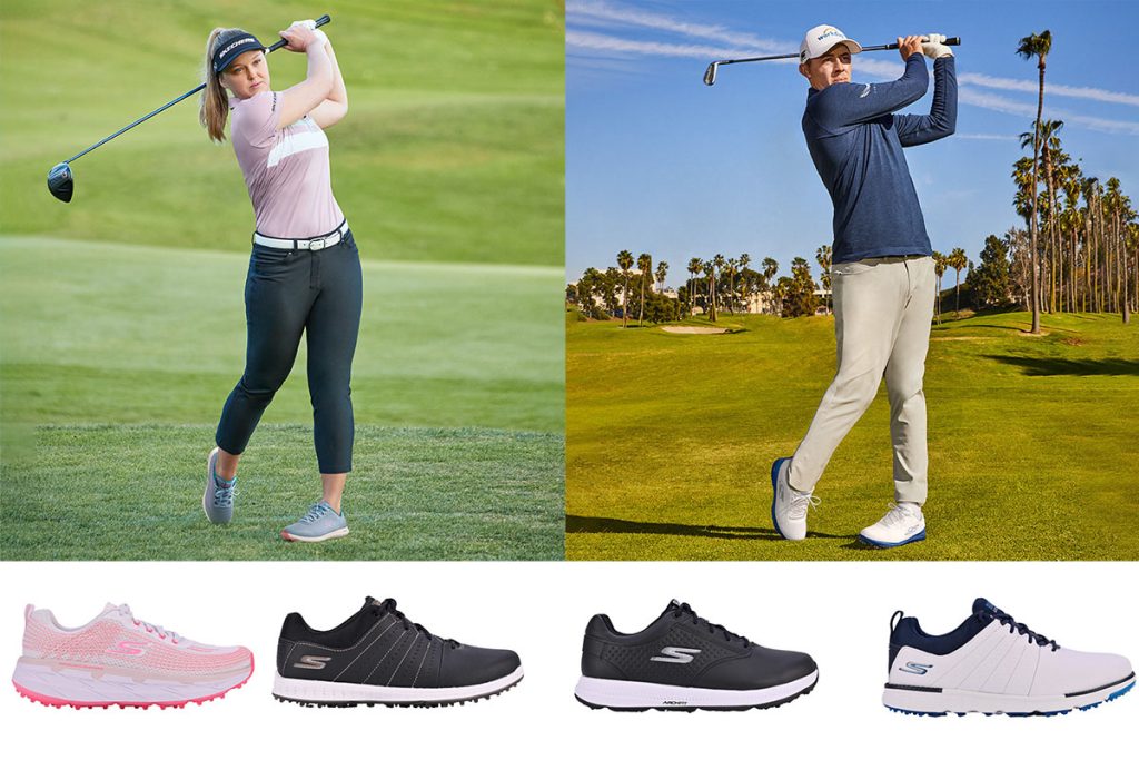 A man and a woman playing golf and modeling Skechers shoes with 4 sneakers at the bottom