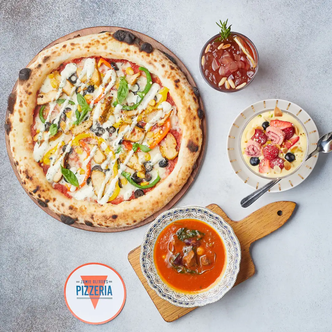 Range of food dishes from Jamie Oliver's Pizzeria's Pizzeria