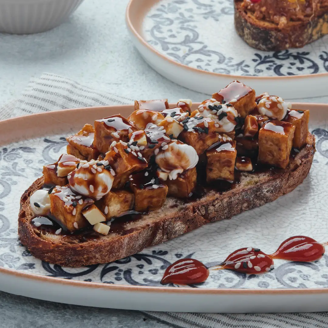 Grilled halloumi with sweet soy sesame cream cheese on toast