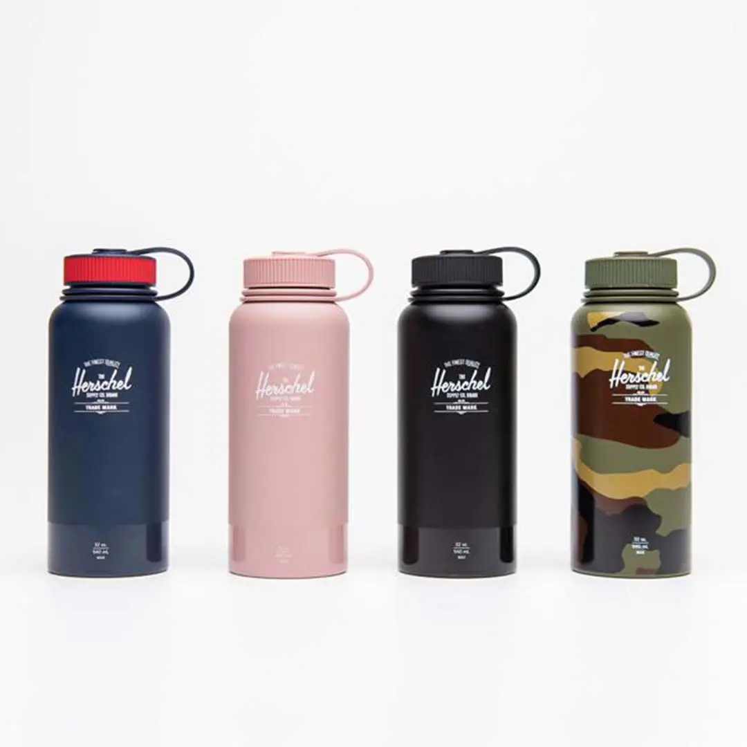 Herschel’s Water Bottles in Woodland Camo, Black/Glossy finish, Ash rose/Shiny finish, and Dark blue/Glossy Finish