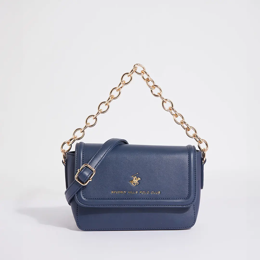 Dark cobalt blue purse from Beverly Hills Polo Club with gold detailing, versatile and stylish for any occasion